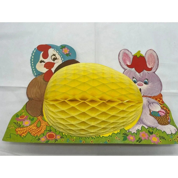Vintage 1970s Peck Easter Diecut Hen and Bunny Honeycomb Egg Decoration - Picture 8 of 10